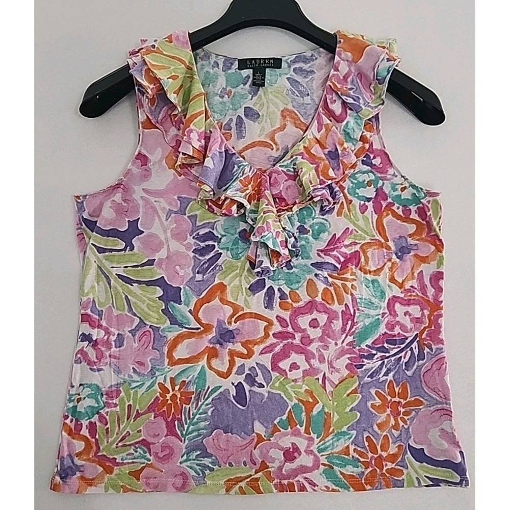Lauren Ralph Lauren Blouse Women's Large Pink Floral Ruffle Neck Spring